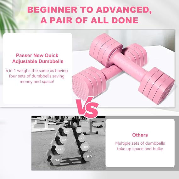 Passer Adjustable Dumbbell Set of 2, Each 2/3/4/5lbs (0.9-2.27kg), 4-in-1 Free Weights Dumbbells Set for Women Men Hand Weights Set Adjust Dumbbell Weight Set for Home Gym Exercise Workout Training