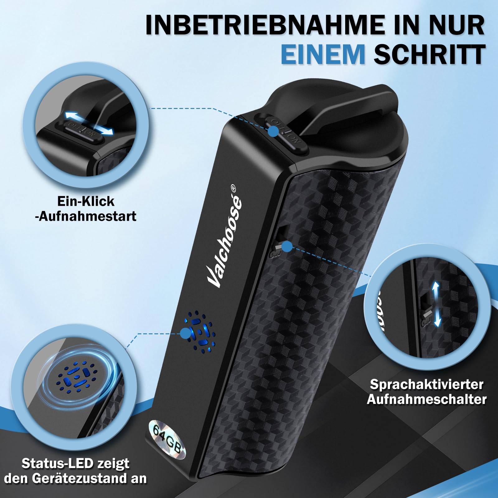 Valchoose 64 GB Digitales Diktiergerät & Aufnahmegerät mit Abhörgerät-Funktion, One-Touch-Aufnahme, Magnetfunktion für Meetings & Interviews