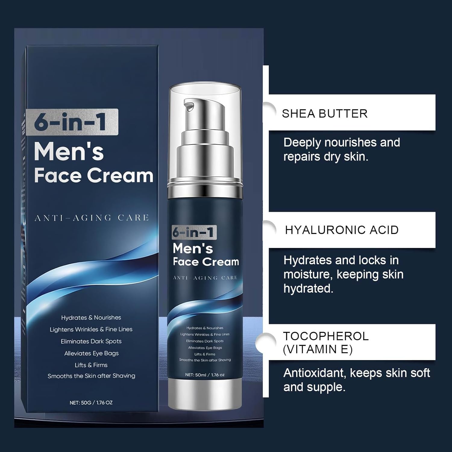 6 in 1 Face Cream for Men, Anti Aging Men’s Moisturizer with Collagen, Hyaluronic Acid and Shea Butter, Daily Skin Care, Reduce the Look of Eye Bags, Dark Circles and Puffiness - 1.76 fl oz (1 PC) - Image 3