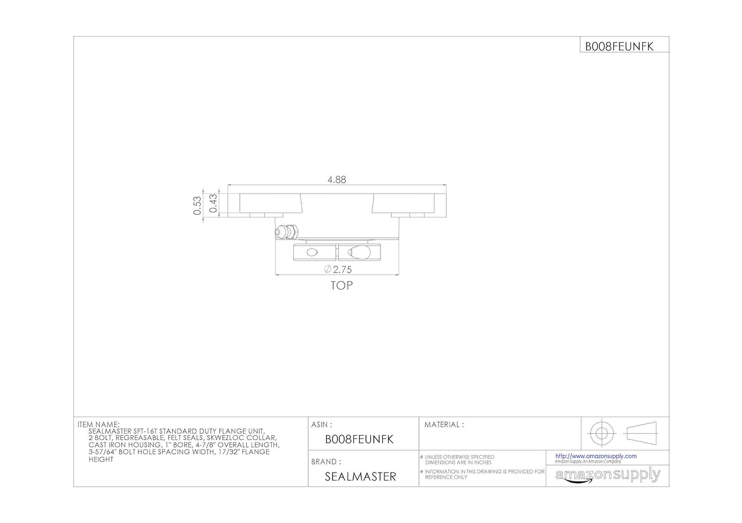 Sealmaster SFT-16T Standard Duty Flange Unit, 2 Bolt, Regreasable, Felt Seals, Skwezloc Collar, Cast Iron Housing, 1" Bore, 4-7/8" Overall Length, 3-57/64" Bolt Hole Spacing Width, 17/32" Flange Height