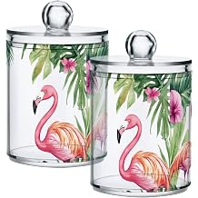 Tropical Plants and Flamingos Qtip Holder Dispenser with Lids 2 Pack Clear Plastic Jars for Storage Floss Cotton Swabs Hair Ties, Bathroom Dressing Table Storage Container