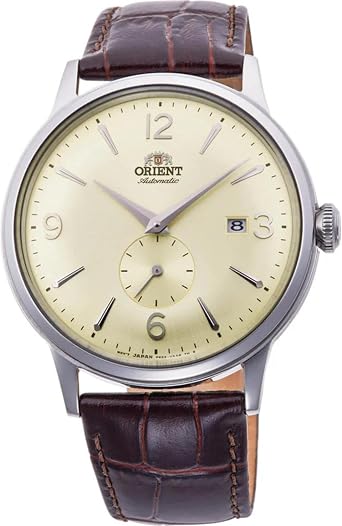 Orient Mens "Bambino Small Seconds" Japanese Automatic Watch with Leather Strap, 21mm Champagne/Stainless Steel