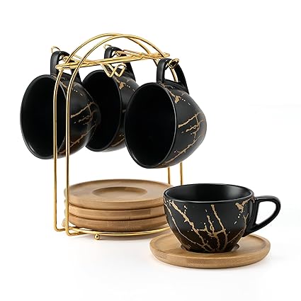 MugsNcups Ceramic Stackable Cappuccino Cups with Saucers and Metal Stand,8 Ounce Porcelain Demitasse Cups for Espresso,Cappuccino Set of 4?Black?