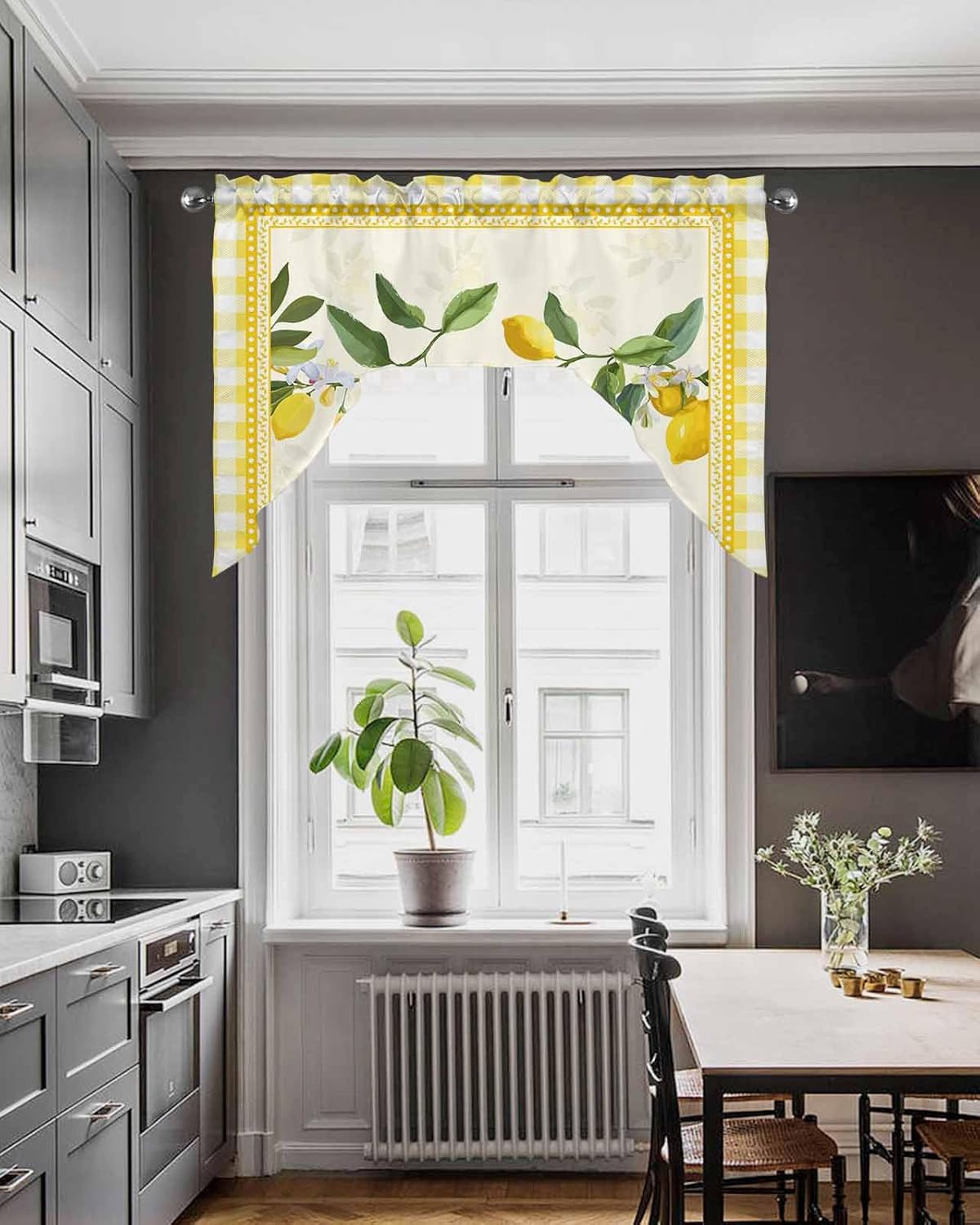 Lemon Floral Yellow Plaid Swag Valance Kitchen Curtains, Rod Pocket Valance Curtain Panels for Bedroom Living Room Bathroom Cafe Windows, Summer Spring White Flower Green Leaves 56''x36''