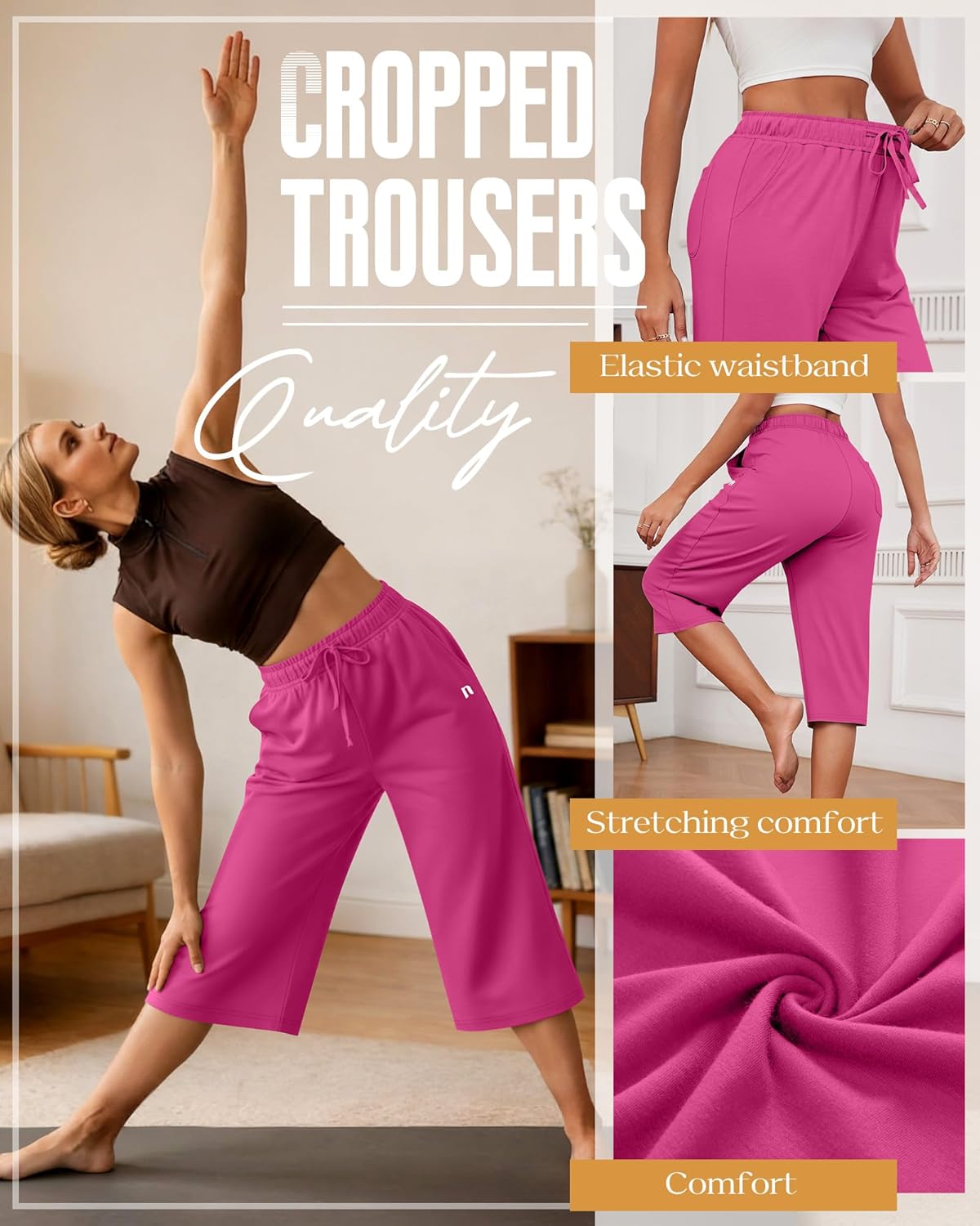 Neer 3 Pack Women's Capri Pants, Wide Leg Basic Sweatpants Lounge Loose Fit Casual Drawstring Yoga Capris with Pockets - Image 4