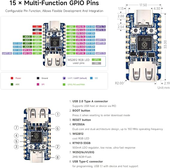 Waveshare RP2350A USB Mini Development Board, Based On Raspberry Pi RP2350A Dual-core & Dual-Architecture Microcontroller, 150MHz Operating Frequency