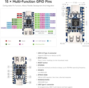Waveshare RP2350A USB Mini Development Board, Based On Raspberry Pi RP2350A Dual-core & Dual-Architecture Microcontroller, 150MHz Operating Frequency