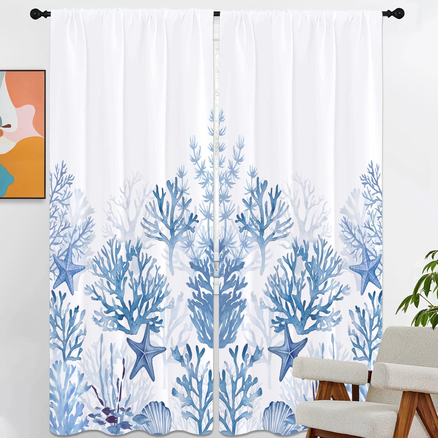 27.5x39 Inch Short Small Kitchen Curtains, Blue and White Coastal Nautical Decor, Seashell Starfish Ocean Print, Polyester Fabric Rod Pocket Tiers for Bathroom Window