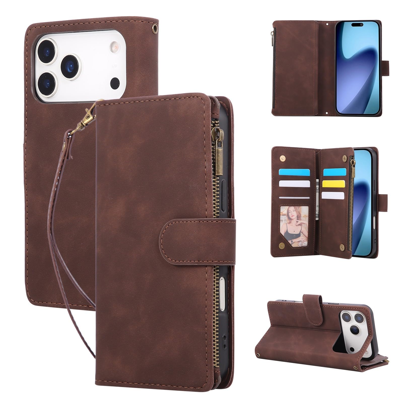 Étui portefeuille iPhone 16 café en cuir à rabat et fermeture éclair - 7
