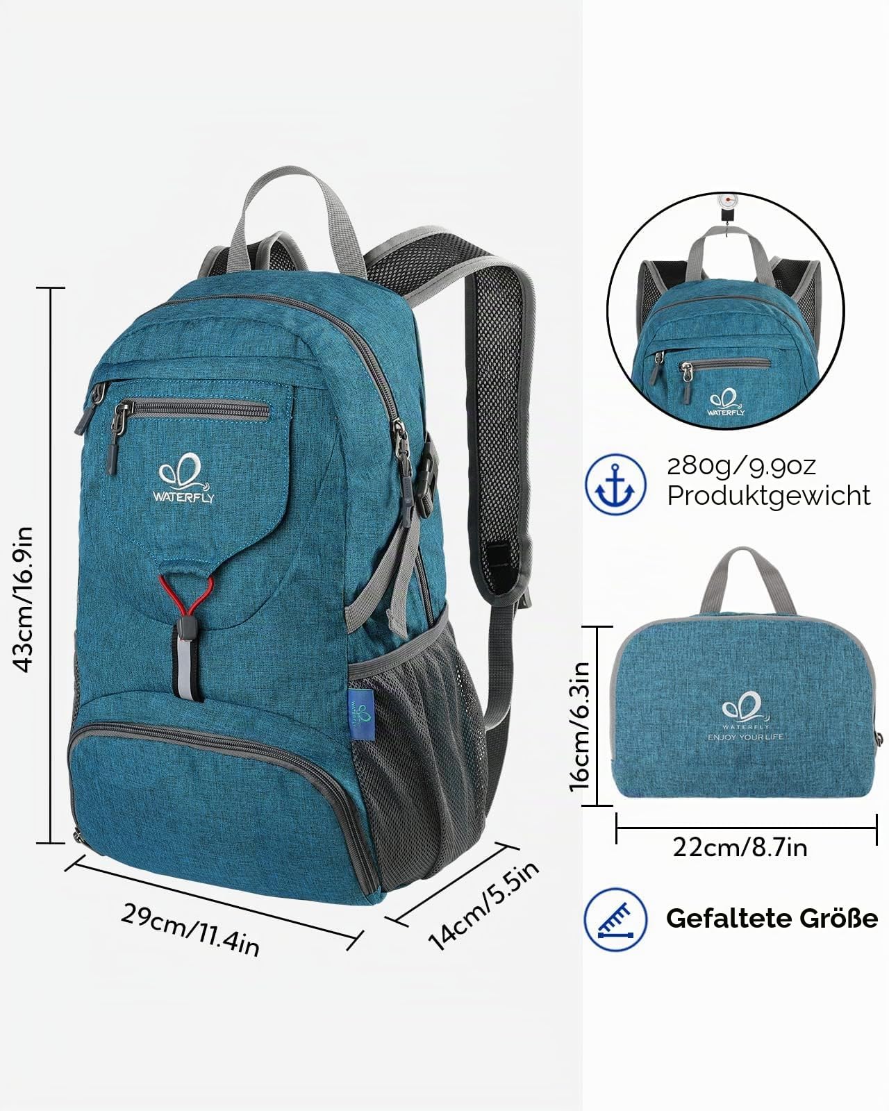 WATERFLY Ultraleicht Faltbar Klein Rucksack: 20L Leicht Packable Wanderrucksack Tagesrucksack Trekkingrucksack Outdoor Sportlich Backpack Travel Daypack für Herren Damen