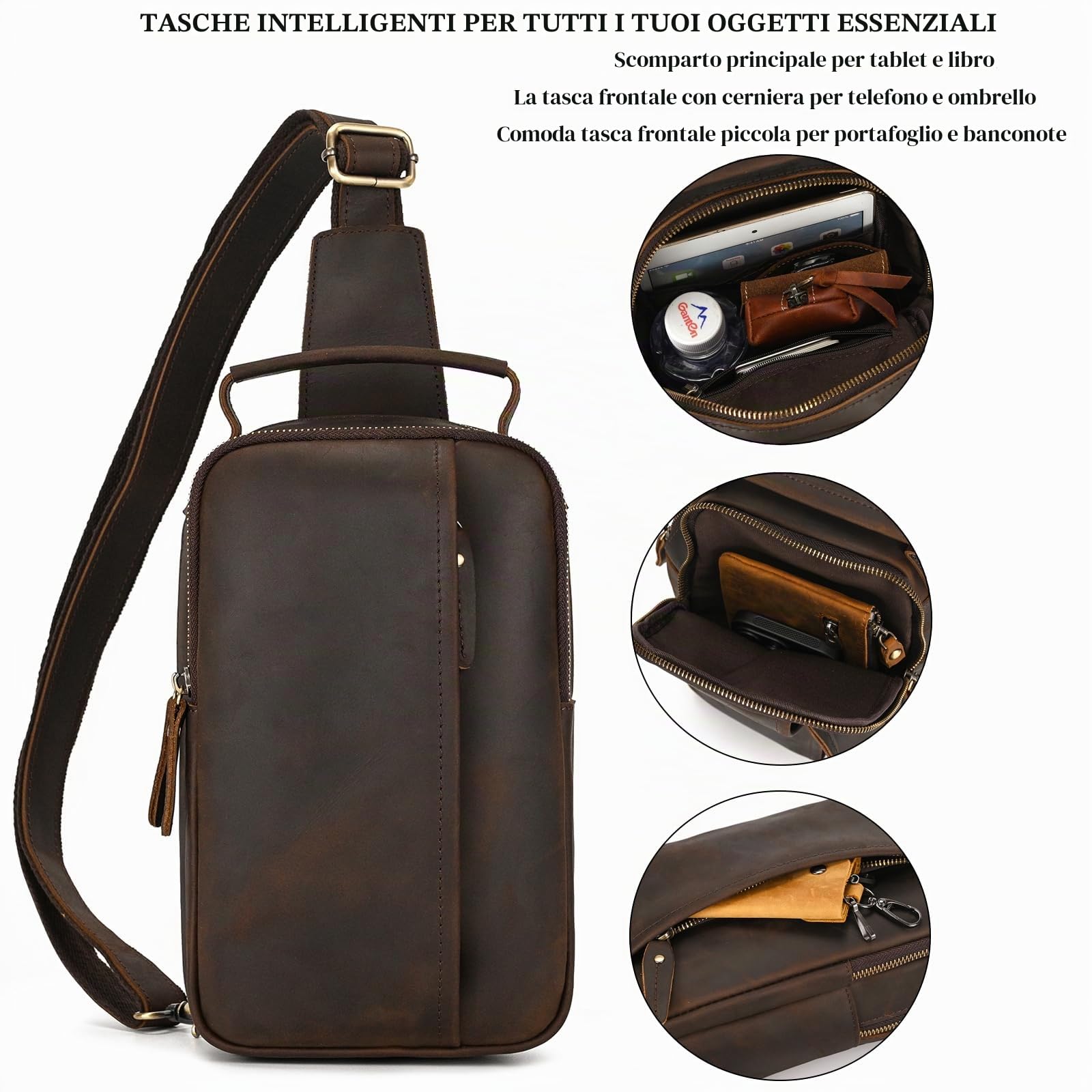 Borse Petto Borsa Crossbody Pelle Zaino Spalla Monospalla Pelle Marsupio Zainetto Piccolo Sling Bag Borsello a Tracolla per Uomo Viaggio Trekking Camminare, 9332 marrone scuro