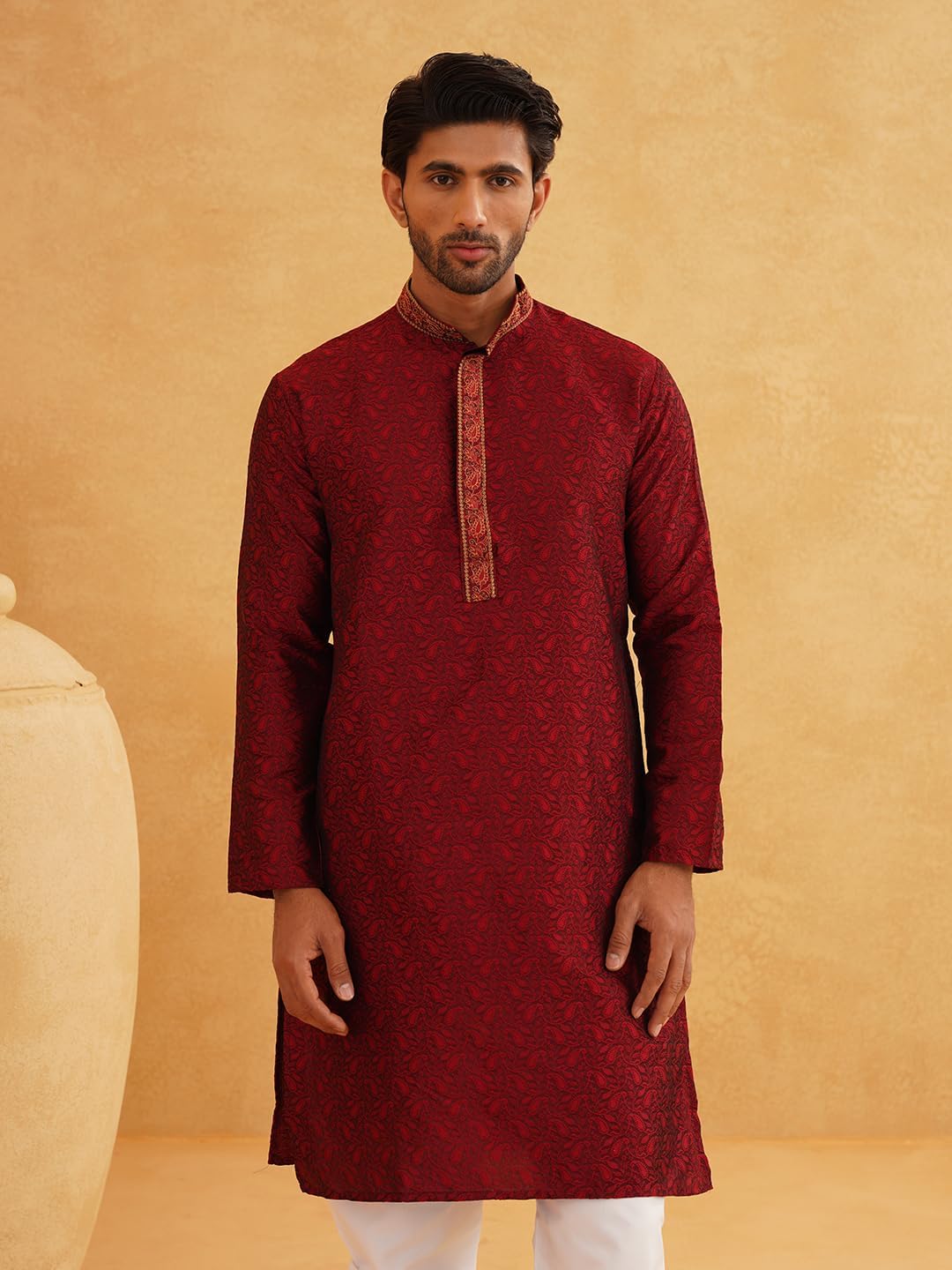 Sojanya (Since 1958 Men'S Silk Blend Gold Kurta And Off White Churidar Pyjama Set