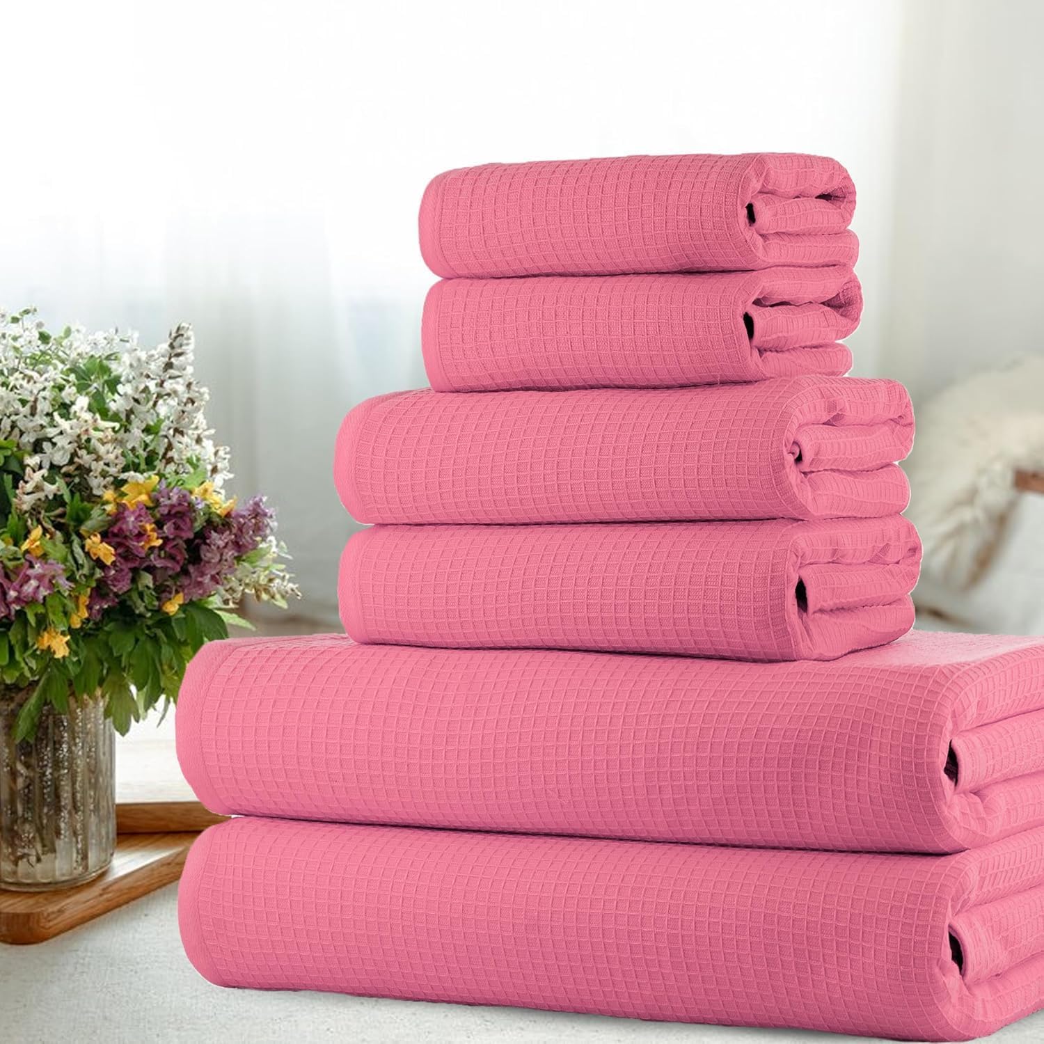 CASA COPENHAGEN Set di 6 asciugamani da bagno, 600 GSM, Rosa | Waffle Set regalo in 100% cotone egiziano: 2 teli da bagno, 2 asciugamani viso, 2 panni per il viso (per uomo e donna)