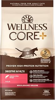 Wellness CORE+ Adult Dry Cat Food for Indoor and Outdoor Cats, Wholesome Grains, Natural, Digestive Health Salmon & Rice (11 Pound Bag)