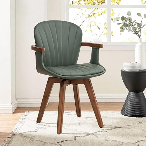 LUNLING Sillas de comedor giratorias, sillas de cocina de cuero sintético verde moderno de mediados de siglo con brazos, patas de bambú, sillas