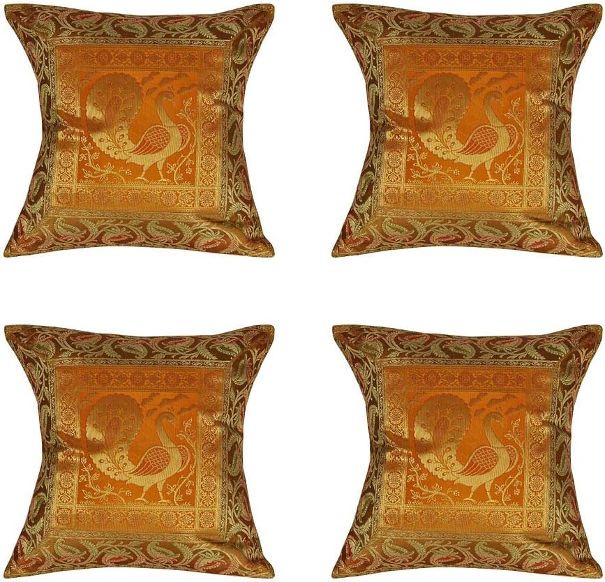 Lalhaveli Home Decor Throw Pillowcase Peacock Decorative Silk Linen Square Sofa Cushion Covers 16 x16 Inch (Set of 2)