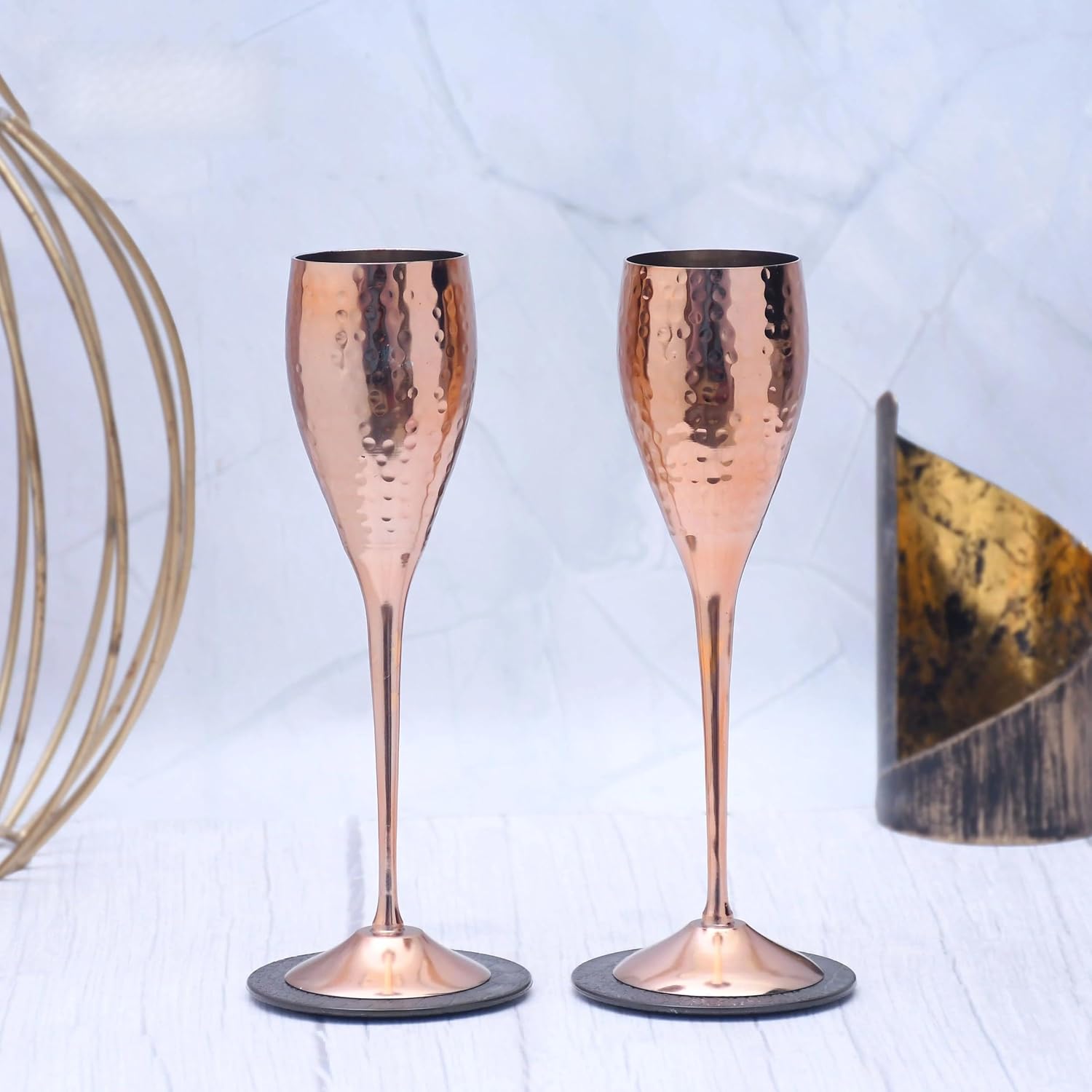 Beautifully Designed Round Copper Finished Goblet Glasses Set of 2 Copper Brass 6.5 x 6.5 x 23 CM