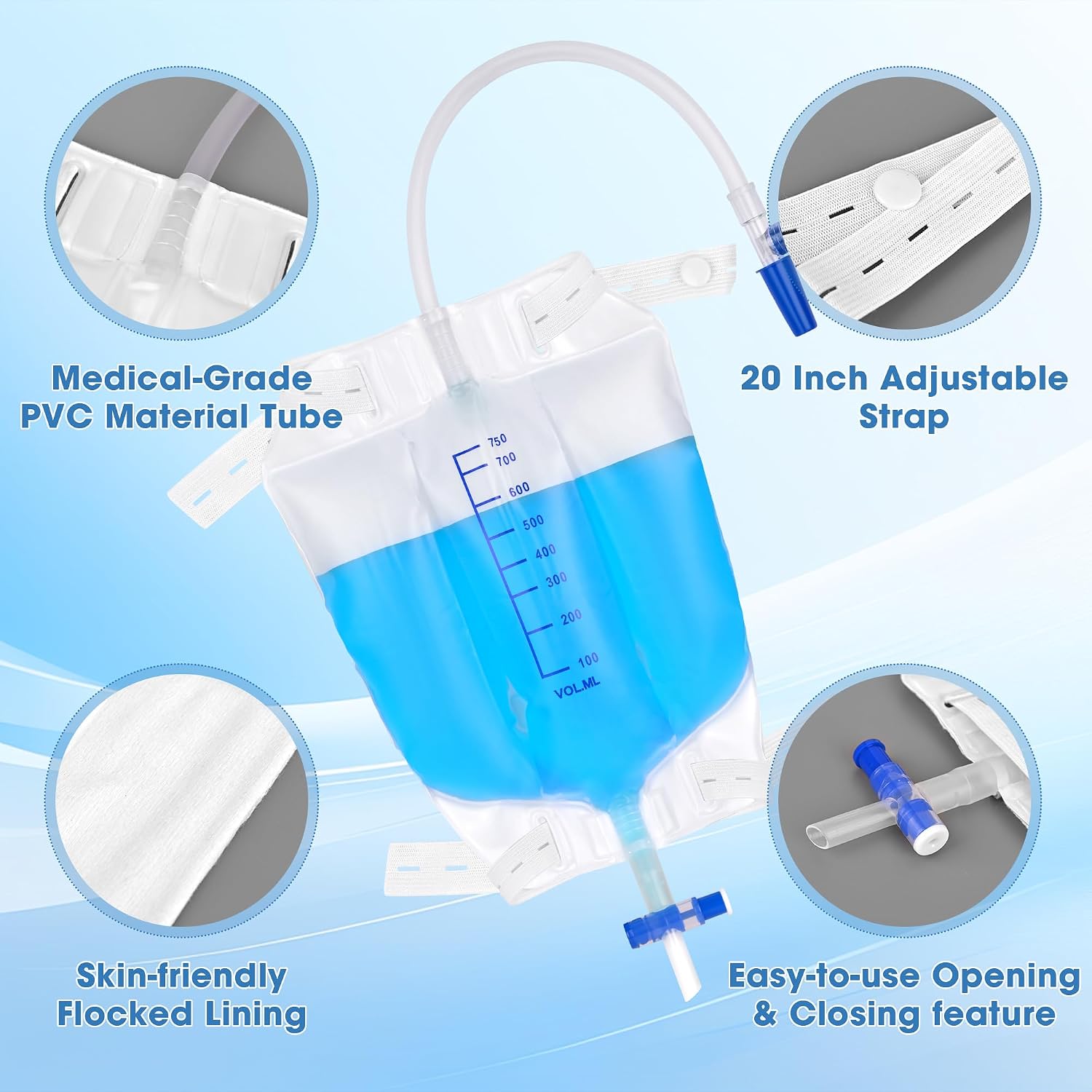 Urine Drainage Bags Catheter Leg Bags for Men,3 Pack 750ML Urinary Bags with Flocking Surface, Anti-Reflux Valve, Adjustable Cloth Straps,Easy Drainage Flip Design