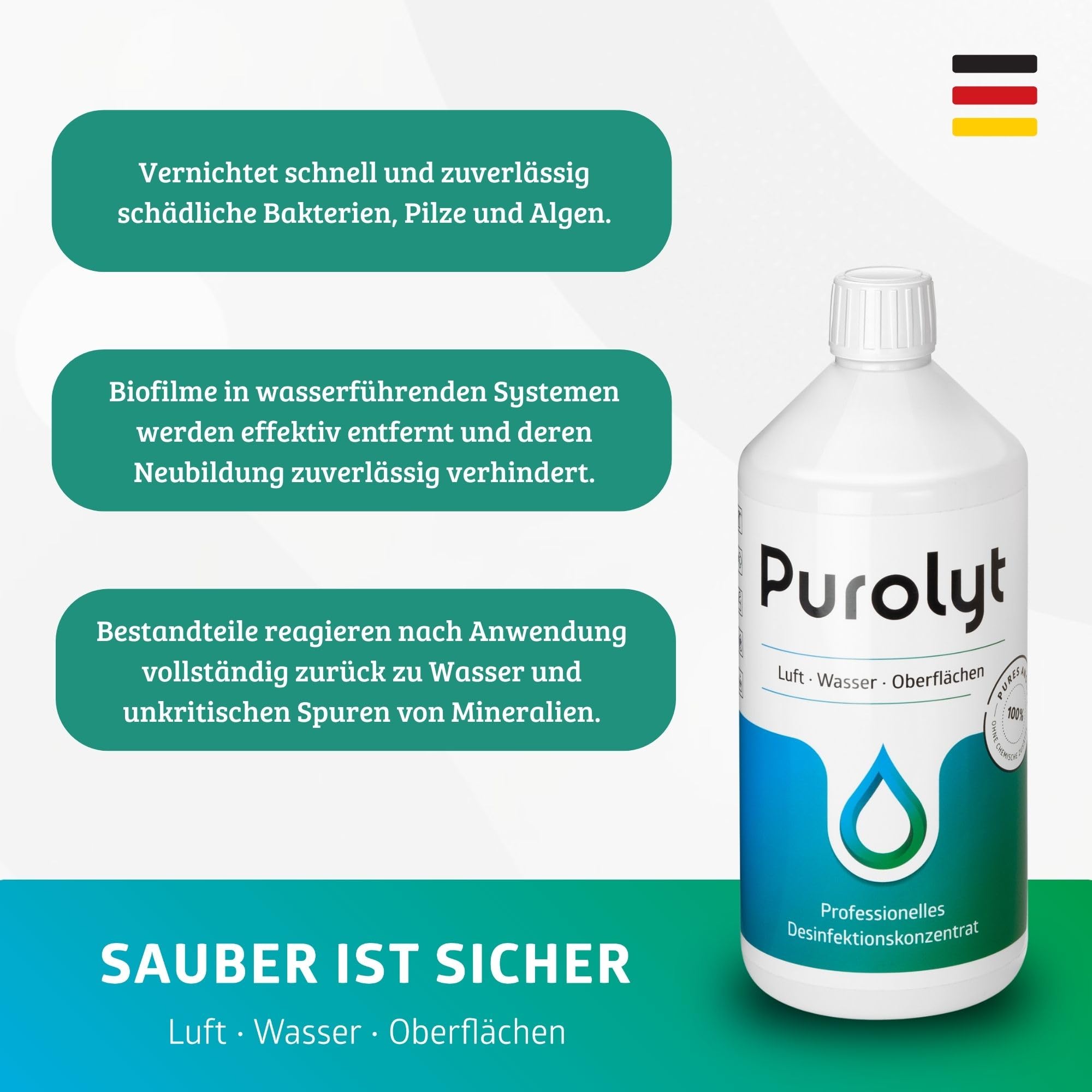 Purolyt Desinfektionskonzentrat 1L HOCl Gewächshaus Hydrokultur | Ergiebige 1L-Größe. Für Bio-Produktion zugelassen (EG) Nr. 834/2007. Vegan, alkoholfrei – Dermatest sehr gut.