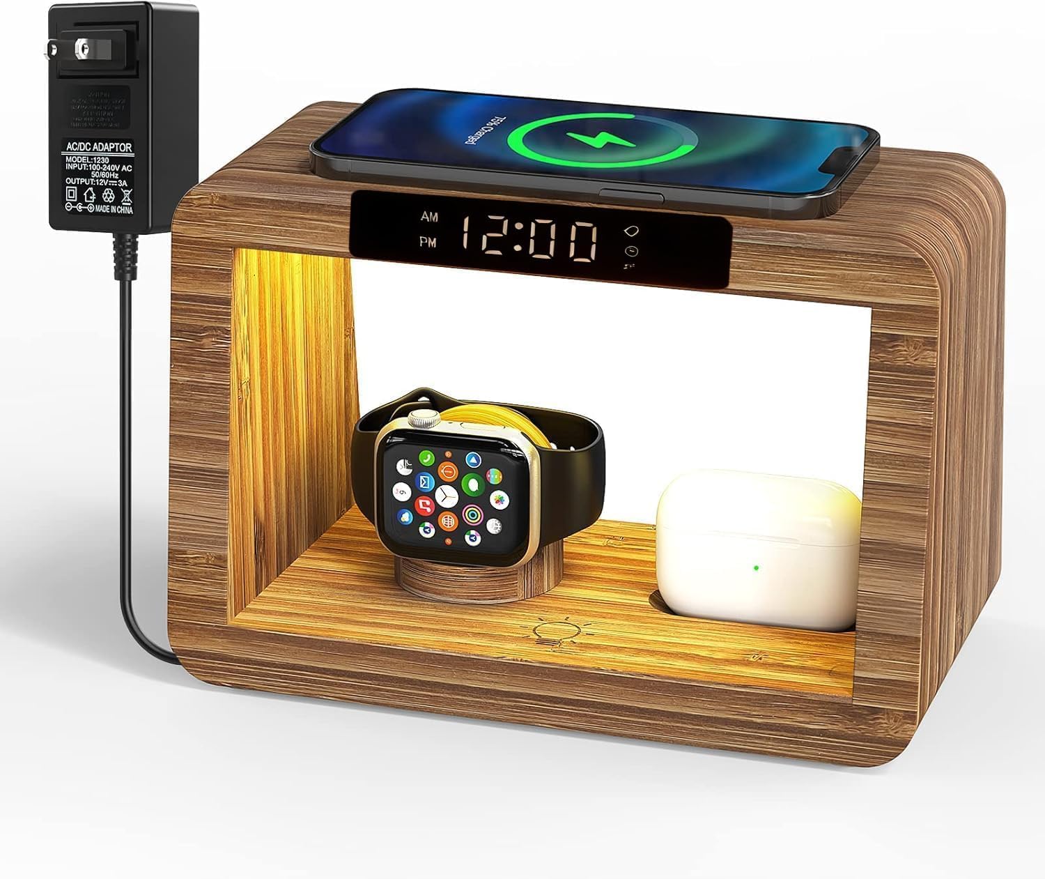 Bamboo Charging Station with Alarm Clock, 15W Fast Wireless Charger with Stepless Dimmable Night Light, 5 in 1 Wood Style Nightstand Organizer Compatible with iPhone/iWatch/AirPods