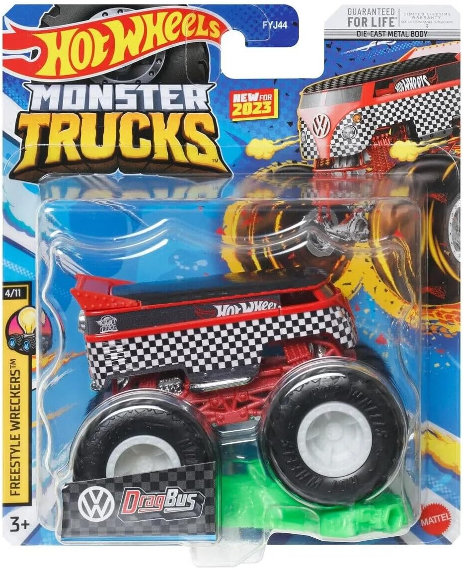 Hot Wheels Monster Trucks Volkswagen Drag Bus, 2023 Connect and Crash (Black/Red)