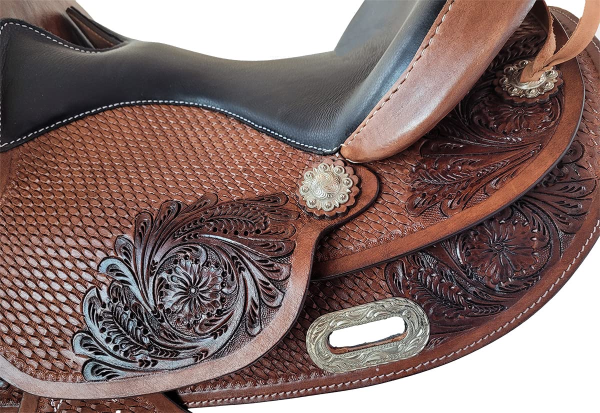 A&M Reitsport Selle western sans arbre Zuni marron en cuir de buffle, arceau de tête interchangeable, taille : 17"
