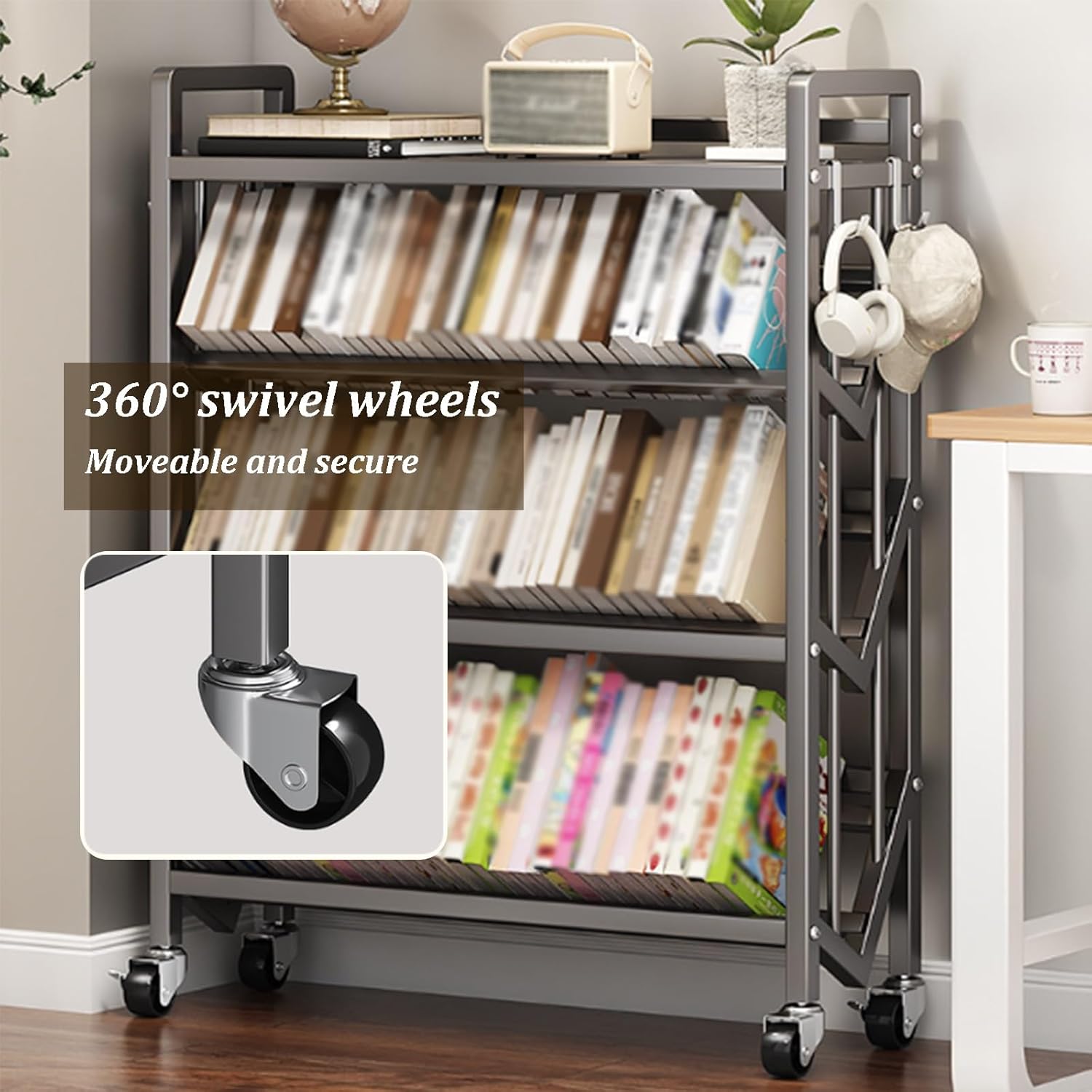 Rolling Library Book Cart, Large Capacity Movable Bookshelf Organizer Rack with Wheels, Carbon Steel Storage Shelf with Anti-Slip Partition for Home Office School(5 Tier-50cm)