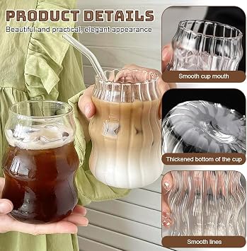 2 Pcs Ribbed Glass Cups Set with Straws