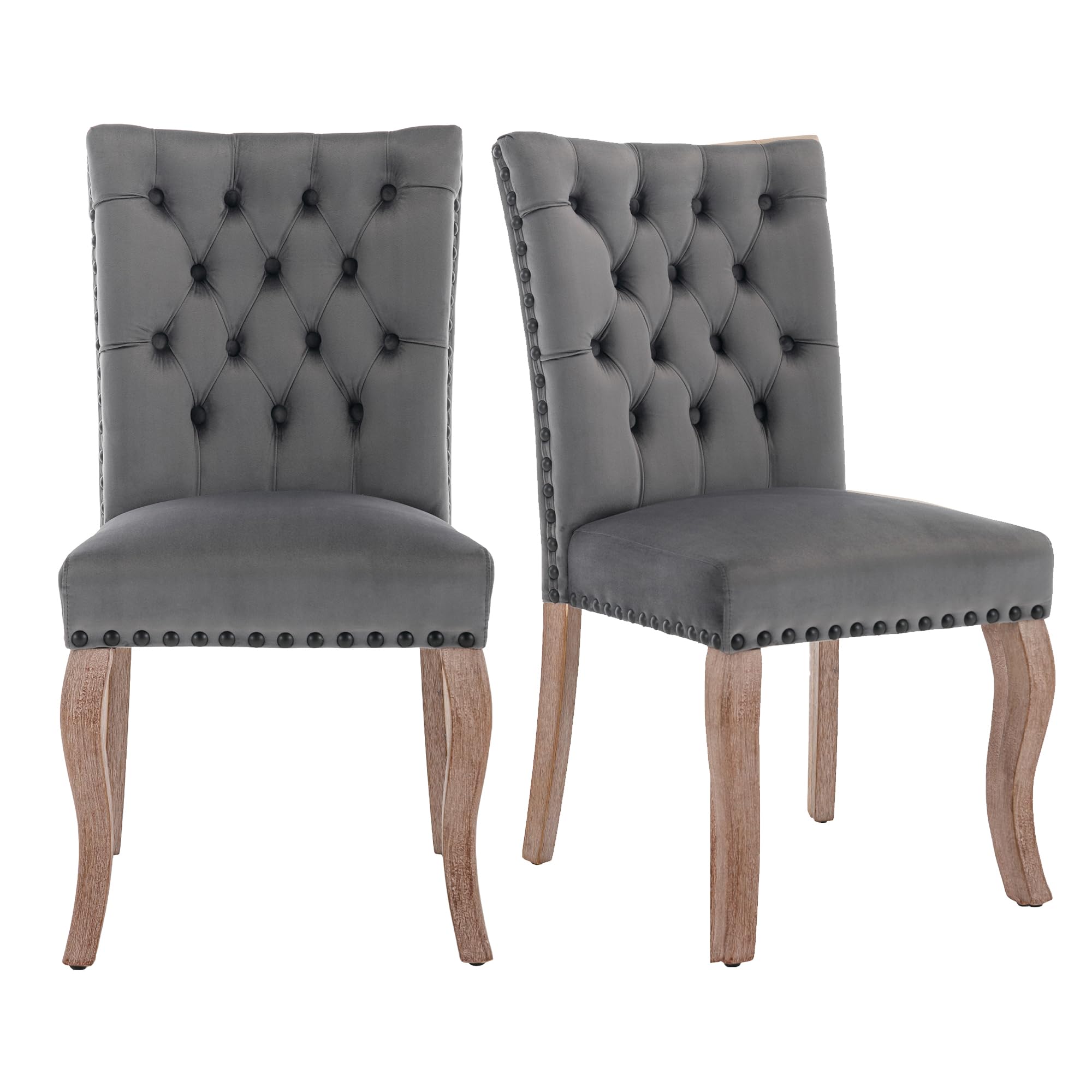 Silla de comedor (silla de cocina, silla de salón con aldaba única en la parte trasera), silla tapizada con cabeza de clavo, patas de madera maciza, funda de terciopelo, gris, 2 unidades