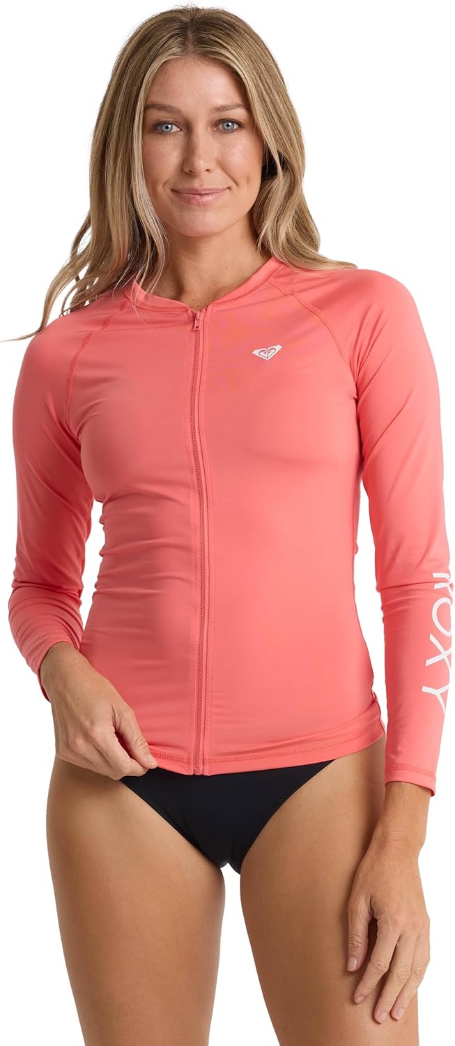 Roxy Women's Long Sleeve Zipped Rashguard – UPF 50+, Stretch Fit, Swim, Surfsuit, Quick-Dry Swim Shirt, Hot Coral, Large