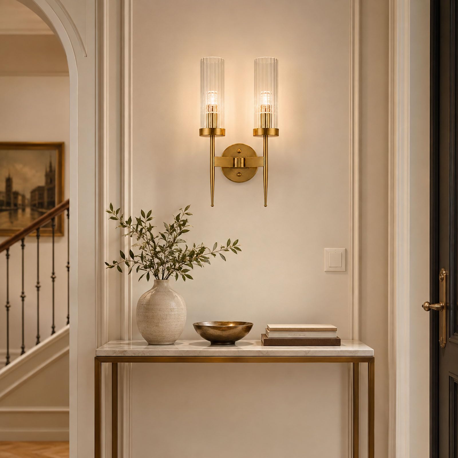 Aplique de Pared de Cristal y Base Dorada E14, Accesorios de Lámpara de Pared Modernos (2 Luces) | Lámpara de pared con cable de 43 cm con cristal transparente para dormitorio, pasillo, sala de estar, escalera y entrada