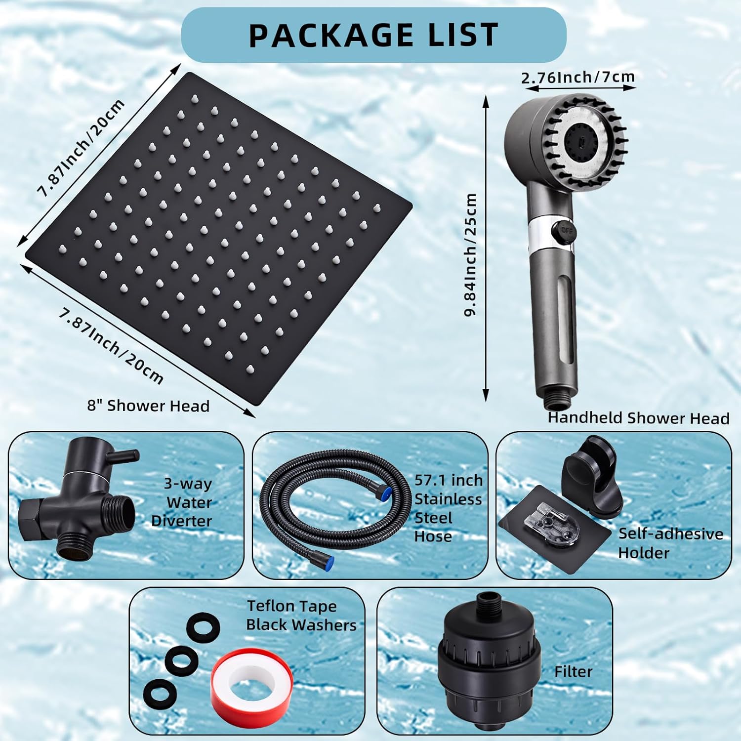 Rain Shower Faucet Set, 8-inch All-Metal 3-Way High-Pressure Handheld Spray Combo and Shower Filter, Dual Showerhead Set with Handheld Sprayer for Hard Water Showerhead（Black)