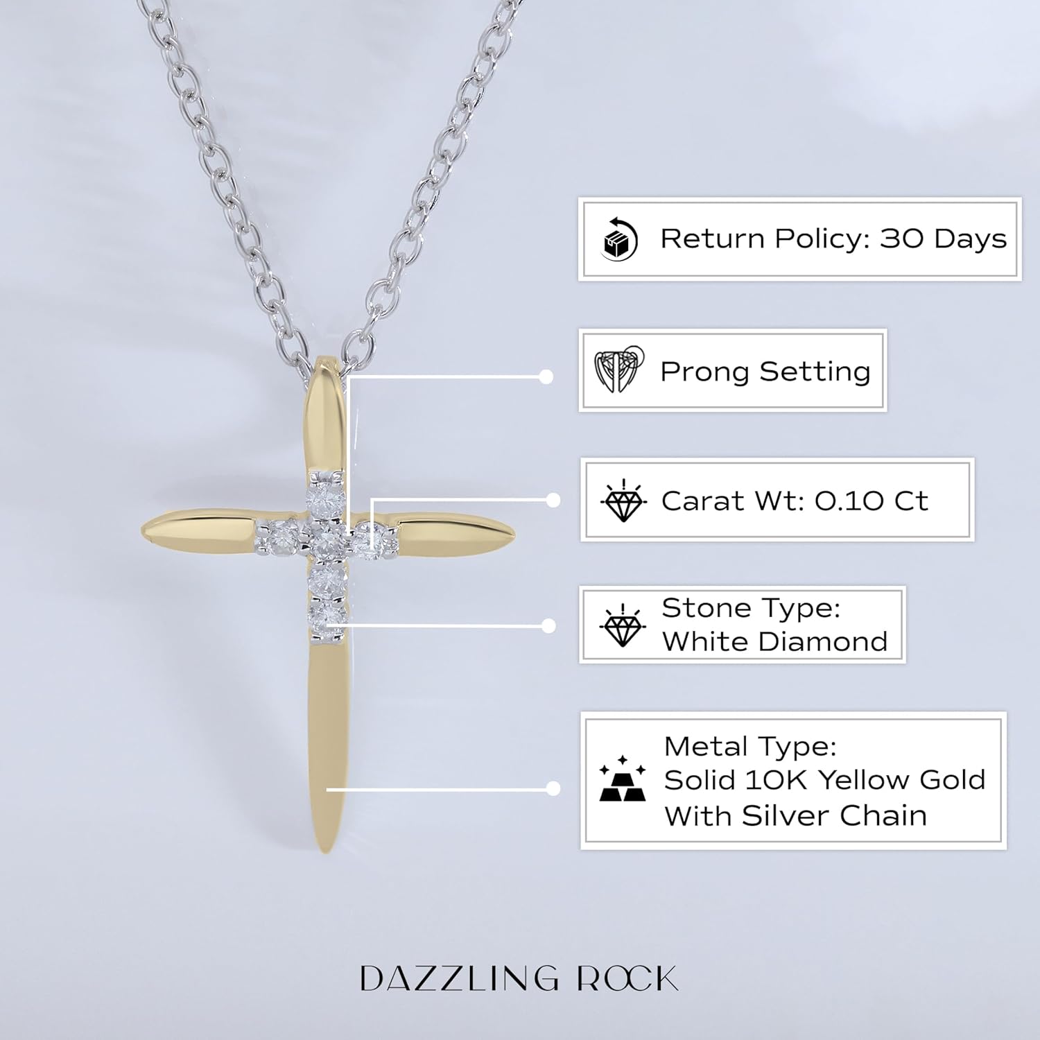 Dazzlingrock Collection Round White Natural Diamond Elegant Cross Pendant with 18 inch Chain for Women in Real Solid Gold