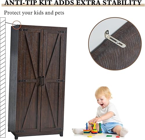 Miniatura 8 de Armario Ropero Grande de 70" Juego de 2 con Barra para Colgar, Gabinete de Almacenamiento de Ropa Estilo Granja con 4 Puertas de Granero, Armarios