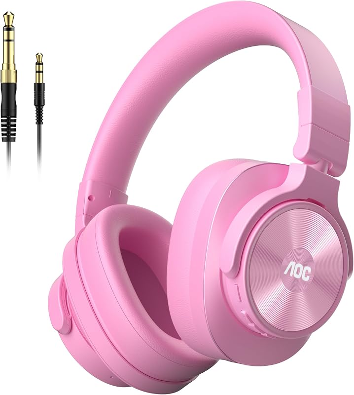 AOC Auriculares Bluetooth sobre la oreja, monitor de estudio inalámbrico y auriculares de mezcla para DJ con tiempo de reproducción de 72 horas, alta resolución, micrófono incorporado, conector de audio con cable de 3,5 mm/6,35 mm para amplificador de guitarra, podcast, juegos de PC, color rosa