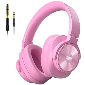 AOC Bluetooth Over Ear Headphones, Wireless Studio Monitor & Mixing DJ Headphones with 72H Playtime, Hi-Res, Built-in Mic, 3.5mm/6.35mm Wired Audio Jack for Guitar AMP, Podcast, PC Gaming - Pink