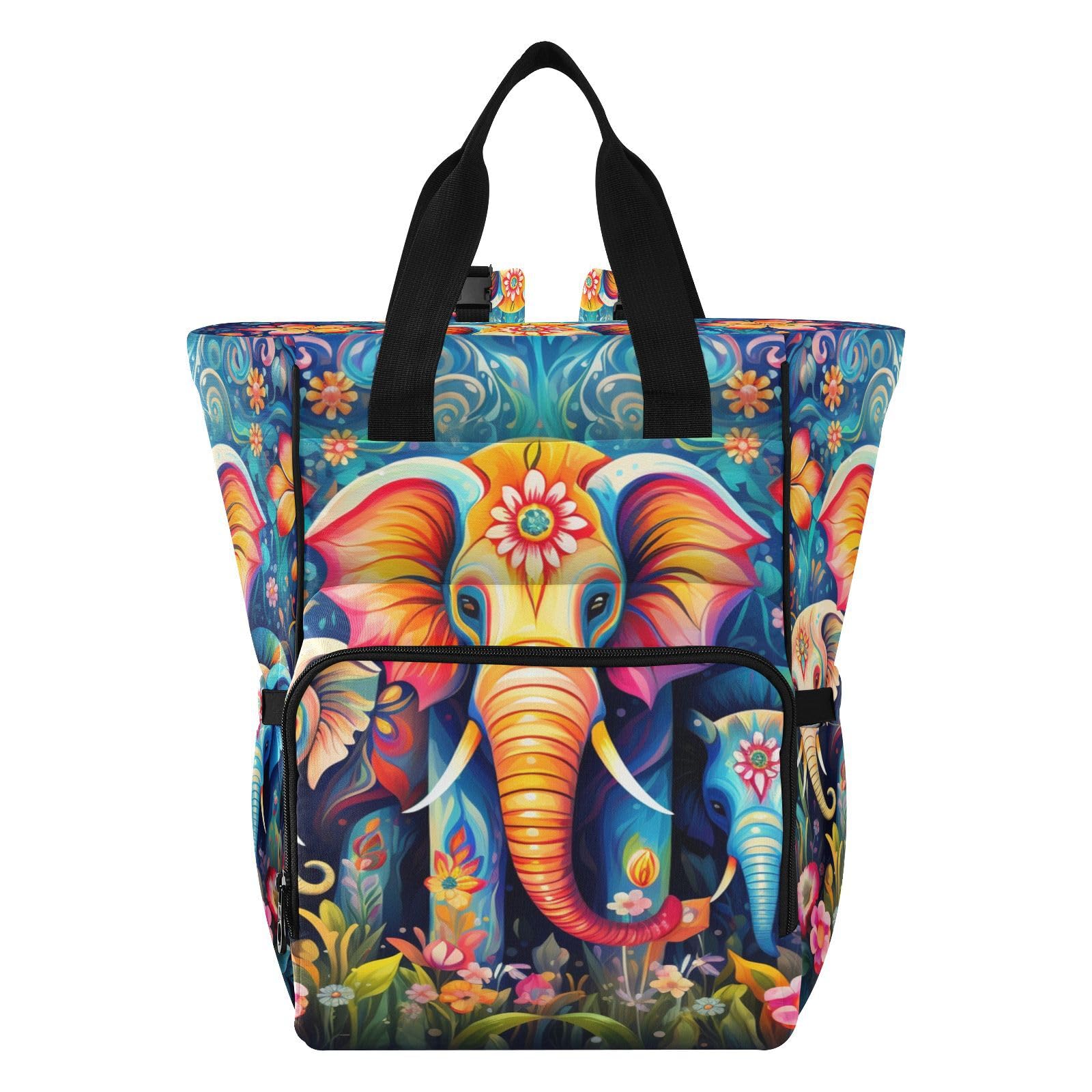 Elefante Colorido Floral Adornado Mochilas de Pañales para Gran Capacidad Pañal Bolso Mochila para Viajar al Aire Libre Mamá y Papá