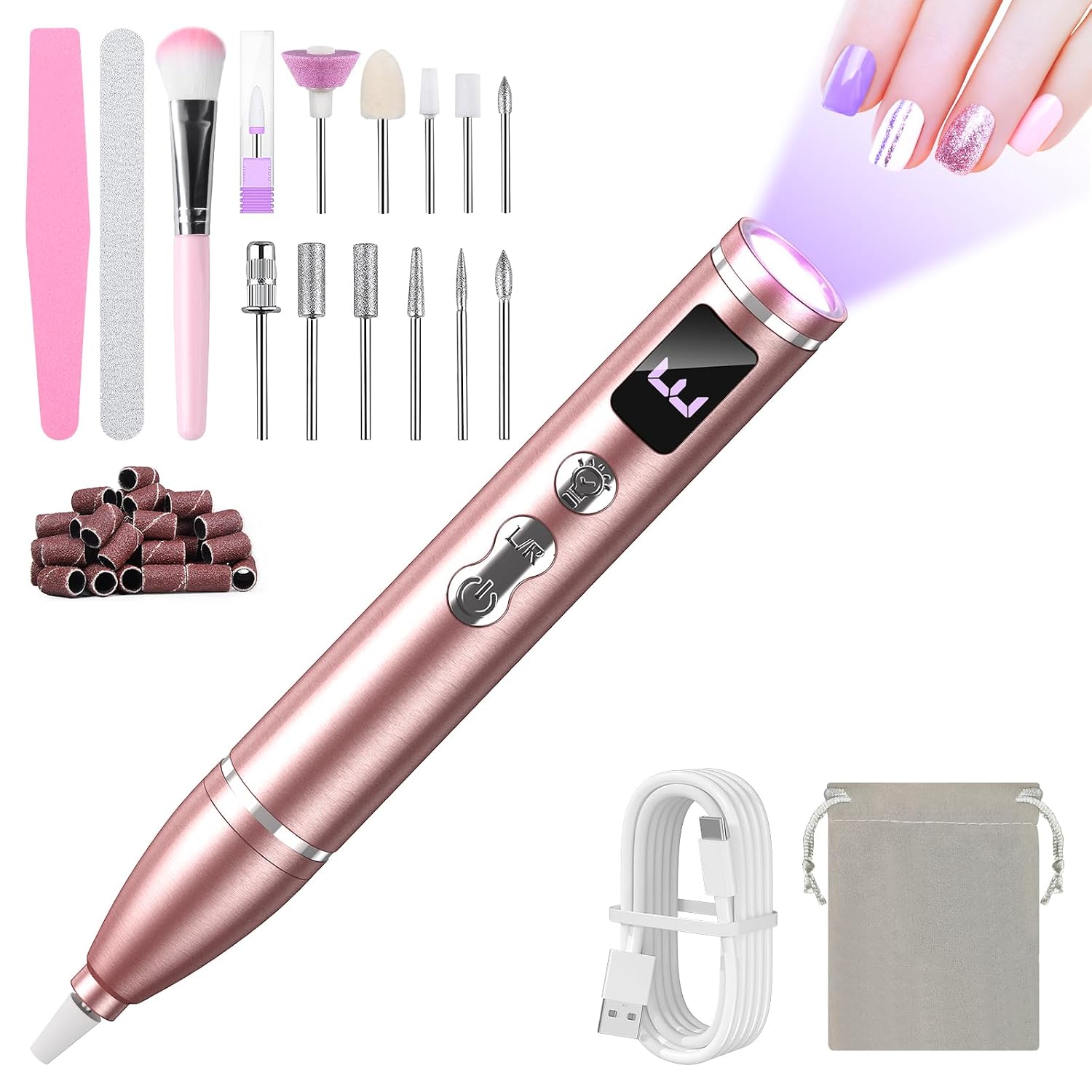 Cordless Electric Nail Drill with UV Light Lamp,Portable Nail File for Acrylic Gel Nails,LCD Display,12 Bits Rechargeable Nail Drill Kit 35000 RPM,Professional Manicure Pedicure Tools for Home