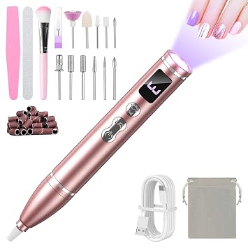 Cordless Electric Nail Drill with UV Light Lamp,Portable Nail File for Acrylic Gel Nails,LCD Display,12 Bits Rechargeable Nail Drill Kit 35000 RPM,Professional Manicure Pedicure Tools for Home