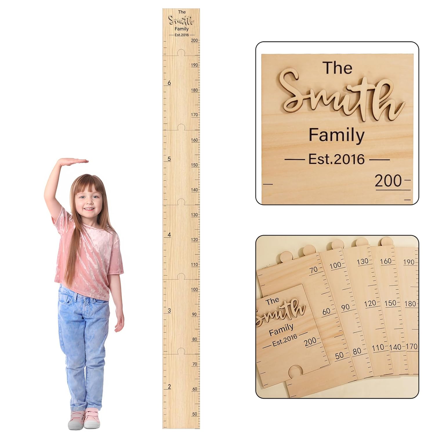Custom Wooden Kids Height Chart with Name Date - Cute Wall Growth Measurement Ruler for Baby Boys & Girls, Nursery & Room Decor - Easy Install, Premium Wood