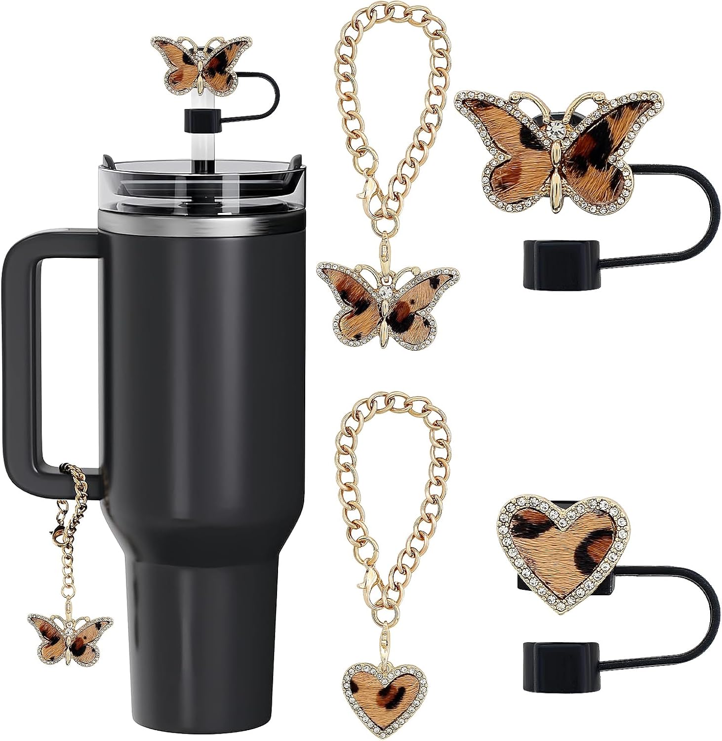 Leopard Accessories Set Compatible with Stanley Cup 30oz 40oz Tumbler with Handle, Including 2PCS Reusable 10mm Straw Cover Caps and 2PCS Cute Chain Charms(Heart and Butterfly)