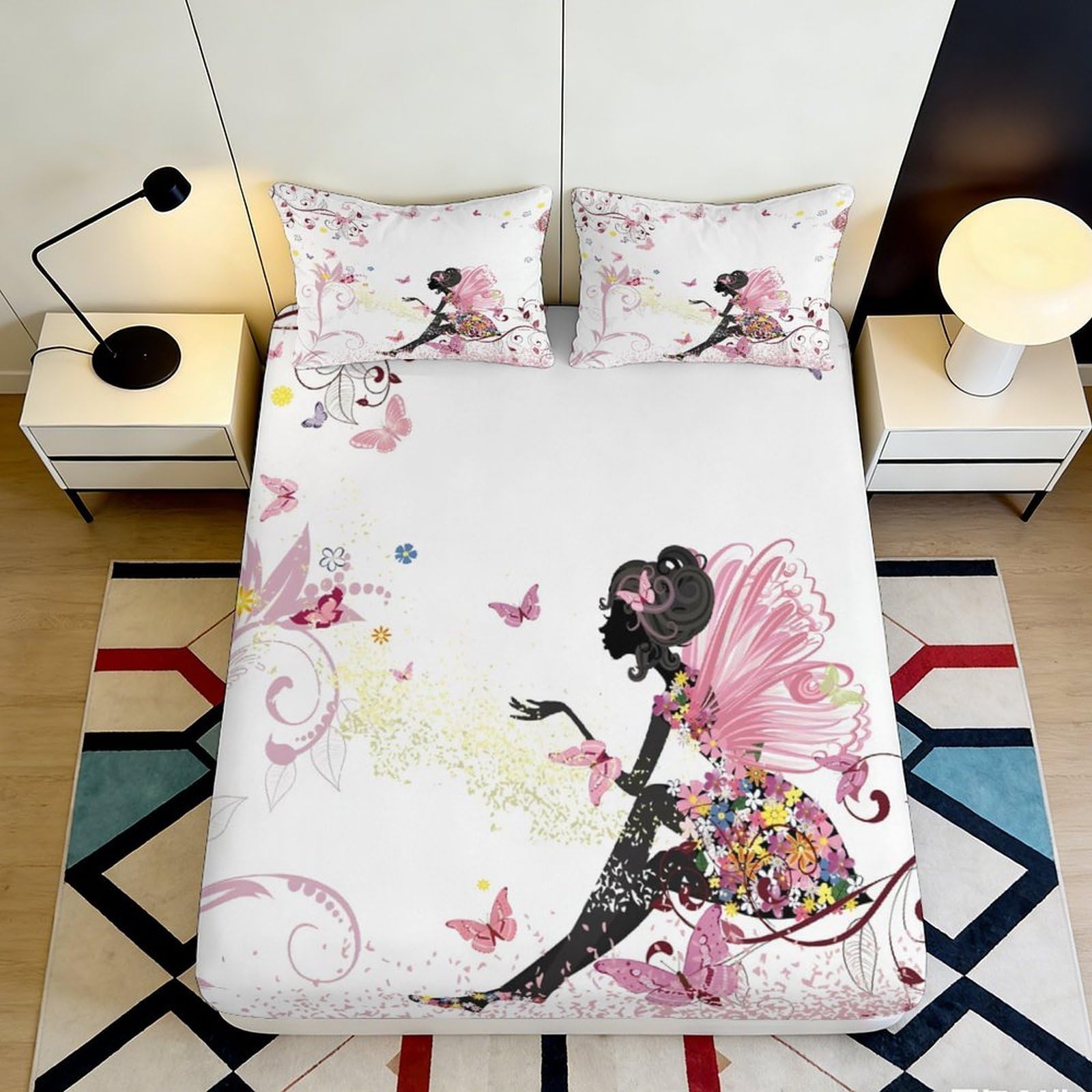 3D Printed Pink Fairy Fitted Sheet Microfiber Soft Breathable Butterfly Bed Cover for Bedroom Guest Room Decor Mattress Protection 90x200x25cm