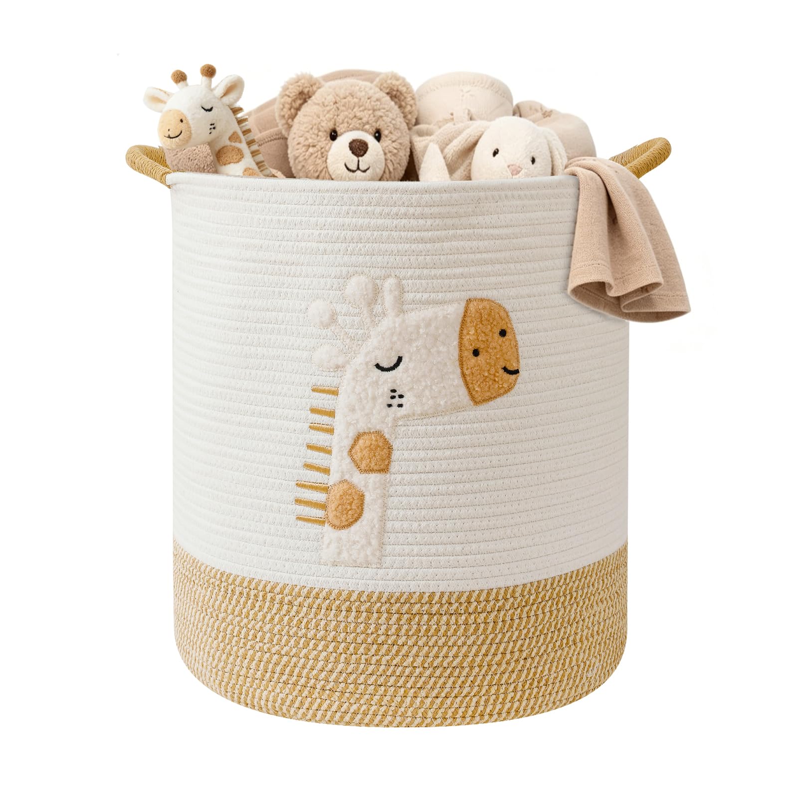 Cesto Portabiancheria 51L Grande Cesta Giochi Bambini Cesto Biancheria Sporca Contenitore Giochi Cestini Portaoggetti, Cesta di Stoccaggio in Corda di Cotone per Bambini con Maniglie, Giraffa