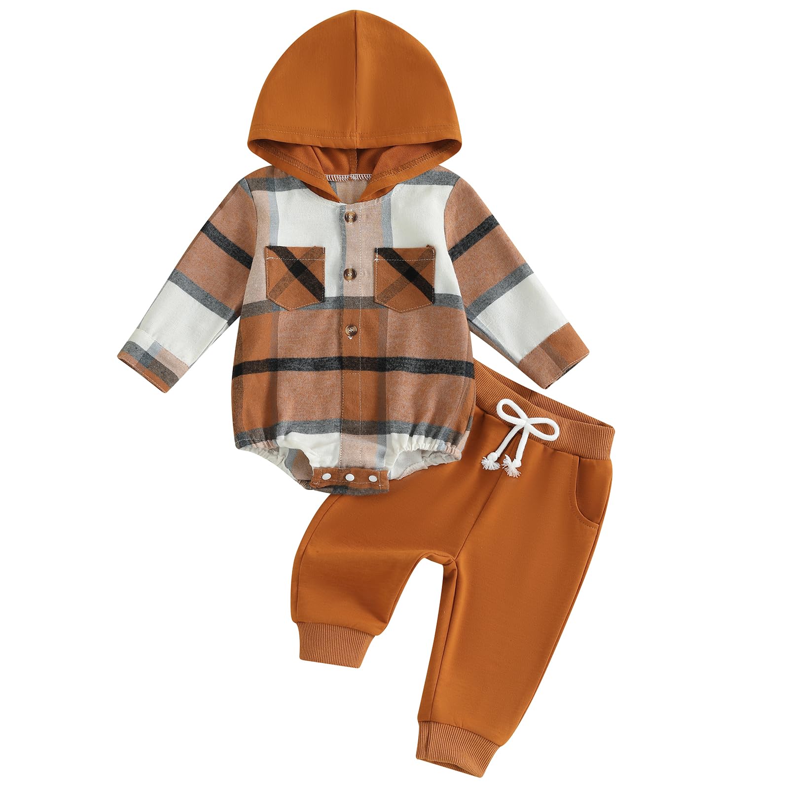Douhoow Infant Baby Fall Clothes Boy Girl Plaid Hoodie Sweatshirt Romper Flannel Tops+ Sweatpants Festival Outfits (Khaki, 0-6 Months)