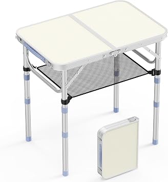 VINGLI Small Folding Table Portable 2FT Aluminum Foldable Camping Table for Picnic Card Table with 3 Adjustable Height & Carry Handle for Outdoor Indoor Hiking Camp BBQ Beach-White