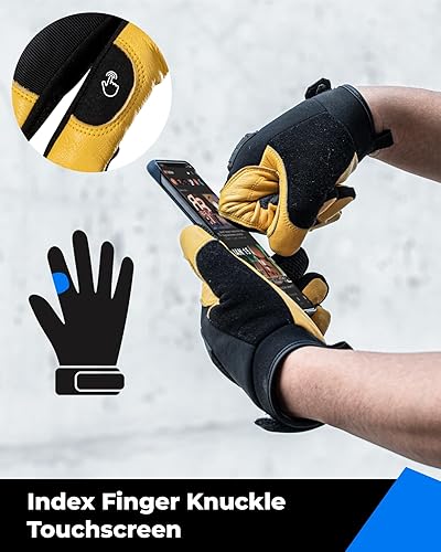 Miniatura 5 de Guantes de trabajo de invierno impermeables para hombres, guantes de mecánico de cuero resistente, forro aislante cálido 3M, pantalla táctil, con