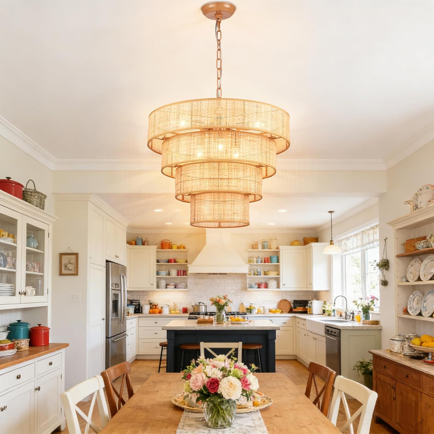 Hamilyeah 20 inch Boho Chandelier with 4-Tier, Wicker 6-Light Chandeliers for Dining Room, Adjustable Height Pendant Light Fixtures, Drum Modern Chandelier for Bedroom, Living Room, Kitchen