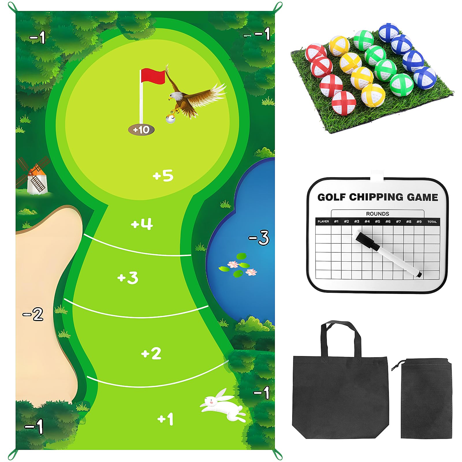 Mini Golf para el Hogar - Tapete de Entrenamiento 150 x 80 cm Con 16 Pelotas, Tablero de Puntuación y 2 Bolsas de Transporte - Juegos Casuales Battle Royale