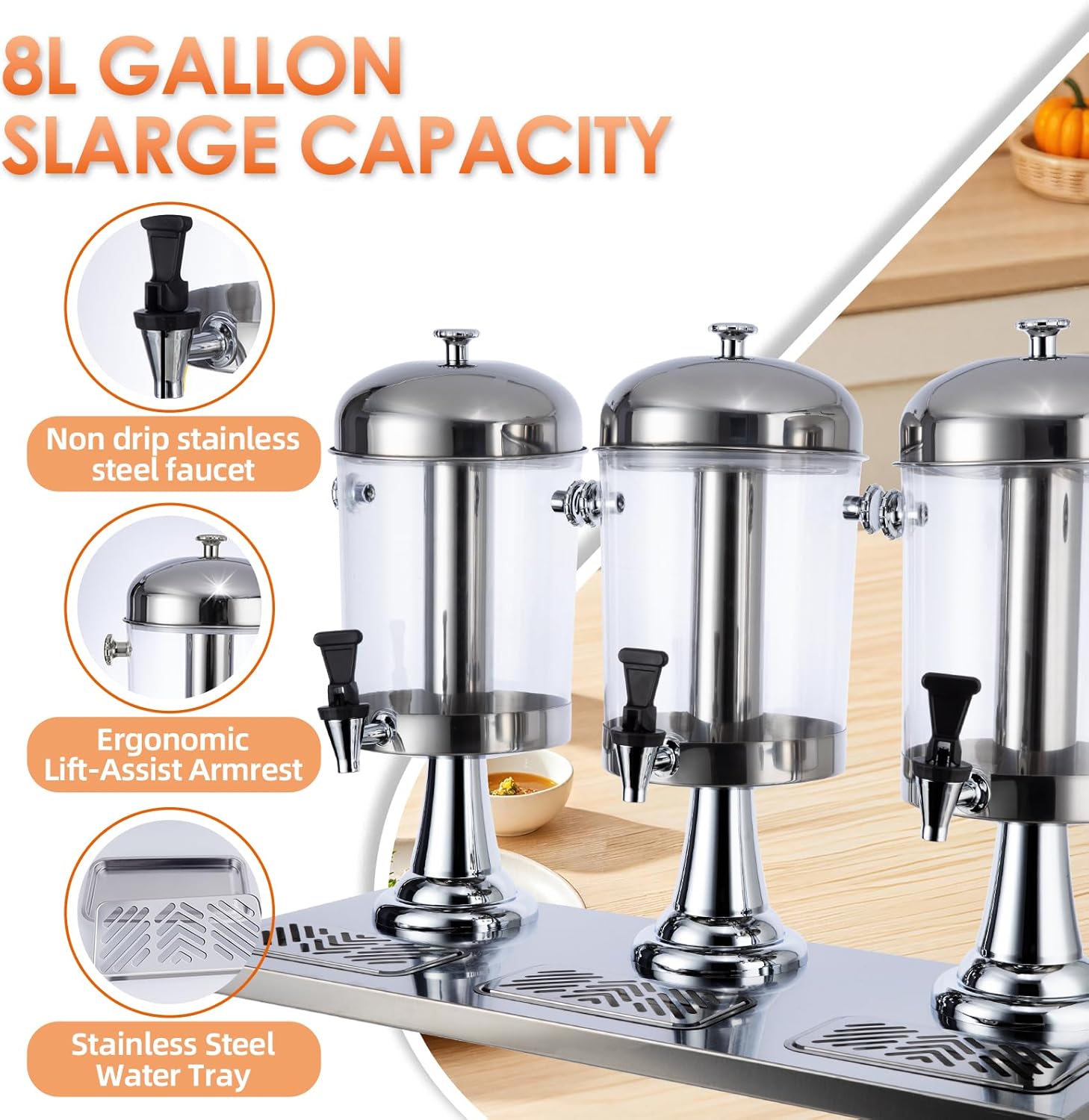 6.34 Gallon Beverage Dispenser,Stainless Steel Drink Dispensers, Juice Dispenser with Ice Core, Leak-proof Spigot and Detachable Drip Tray for Parties, Weddings(silver, 6.34 Gallon) - Image 3