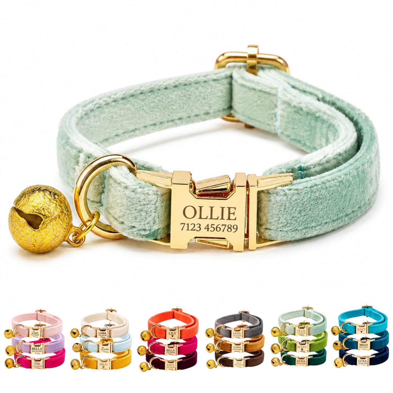 Velvet Personalised Cat Collar with Name & Phone Number Engraving – Adjustable Pet Collar with Metal Buckle & Bell – Soft Kitten ID Tag Collar for Cats Puppy – Gift for Pet Owners UK